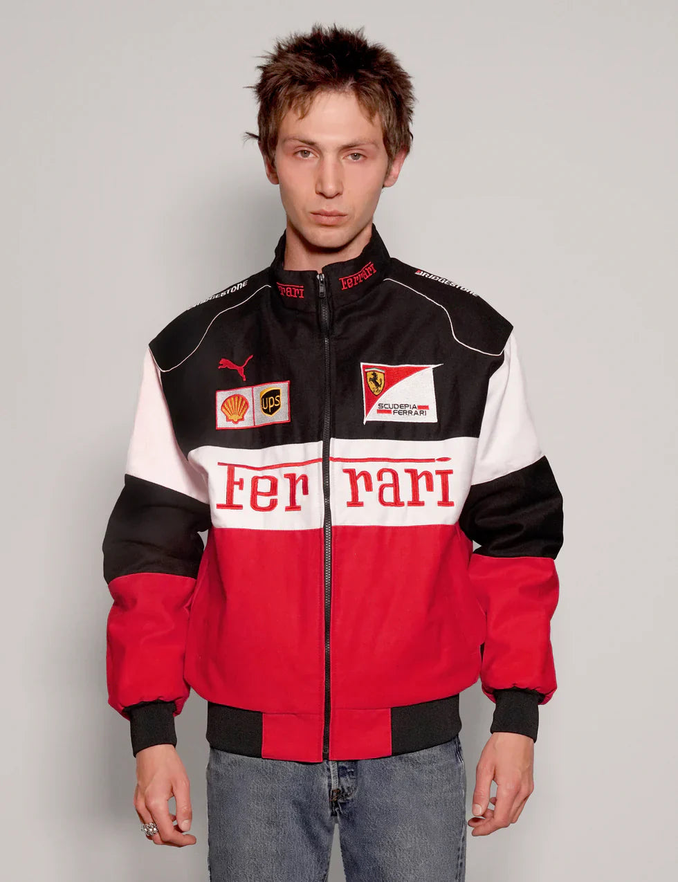 Stylefizz Tri-Color Ferrari Racing Jacket – Red/White/Black Motorsport Style