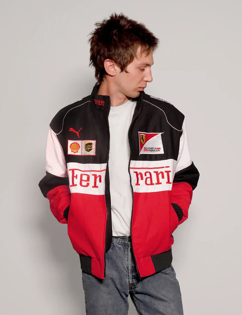 Stylefizz Tri-Color Ferrari Racing Jacket – Red/White/Black Motorsport Style