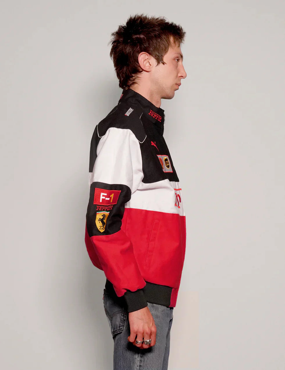Stylefizz Tri-Color Ferrari Racing Jacket – Red/White/Black Motorsport Style