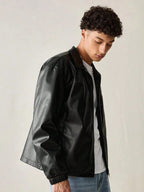 Stylefizz Men’s Black Faux Leather Jacket – Classic Zip-Up Streetwear Style