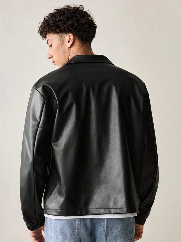 Stylefizz Men’s Black Faux Leather Jacket – Classic Zip-Up Streetwear Style
