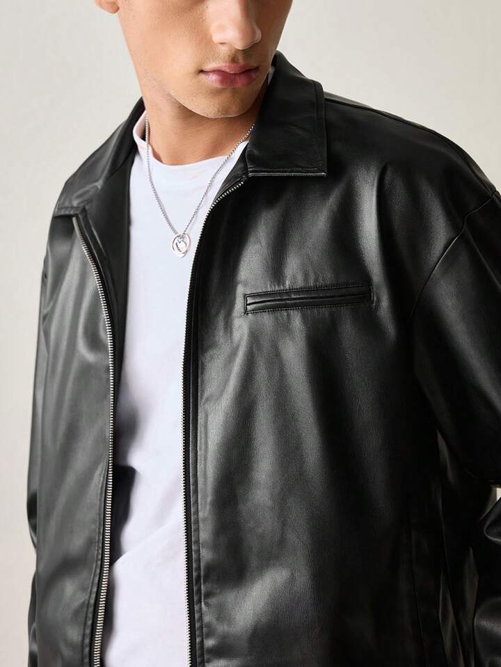 Stylefizz Men’s Black Faux Leather Jacket – Classic Zip-Up Streetwear Style