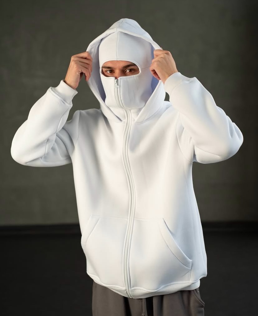 Stylefizz White Balaclava Hoodie – Streetwear Masked Pullover for Men & Women