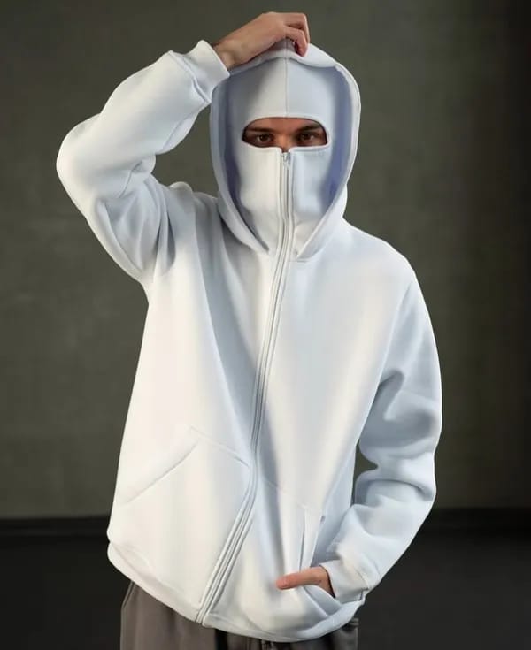 Stylefizz White Balaclava Hoodie – Streetwear Masked Pullover for Men & Women