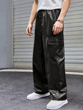 Stylefizz Men’s Black Faux Leather Cargo Pants – Streetwear Wide-Leg Trousers