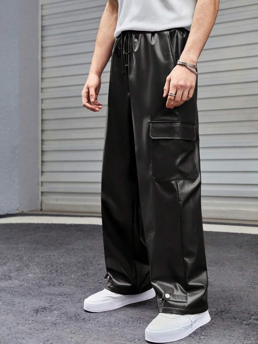 Stylefizz Men’s Black Faux Leather Cargo Pants – Streetwear Wide-Leg Trousers
