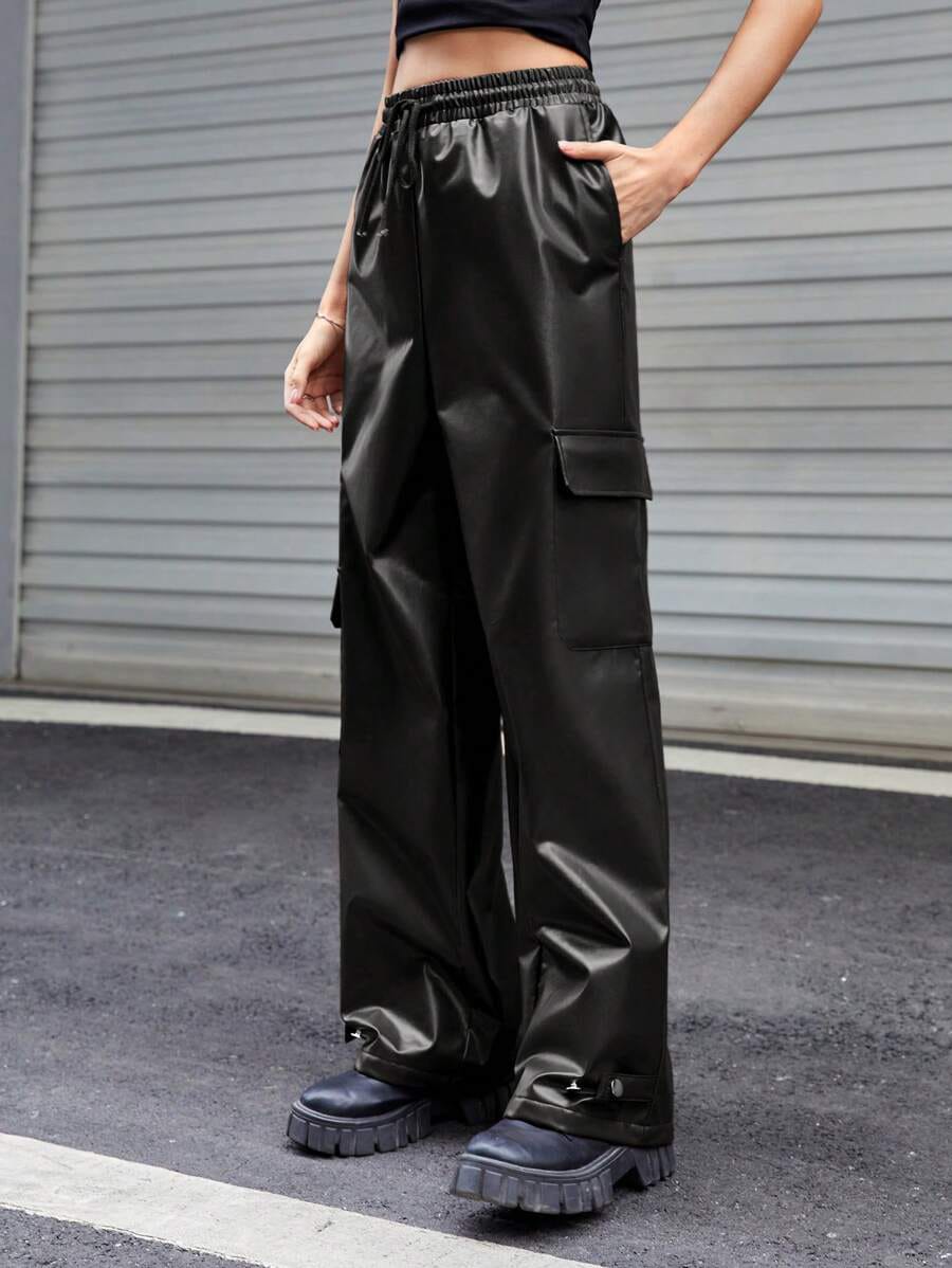 Stylefizz Men’s Black Faux Leather Cargo Pants – Streetwear Wide-Leg Trousers