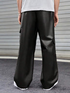 Stylefizz Men’s Black Faux Leather Cargo Pants – Streetwear Wide-Leg Trousers