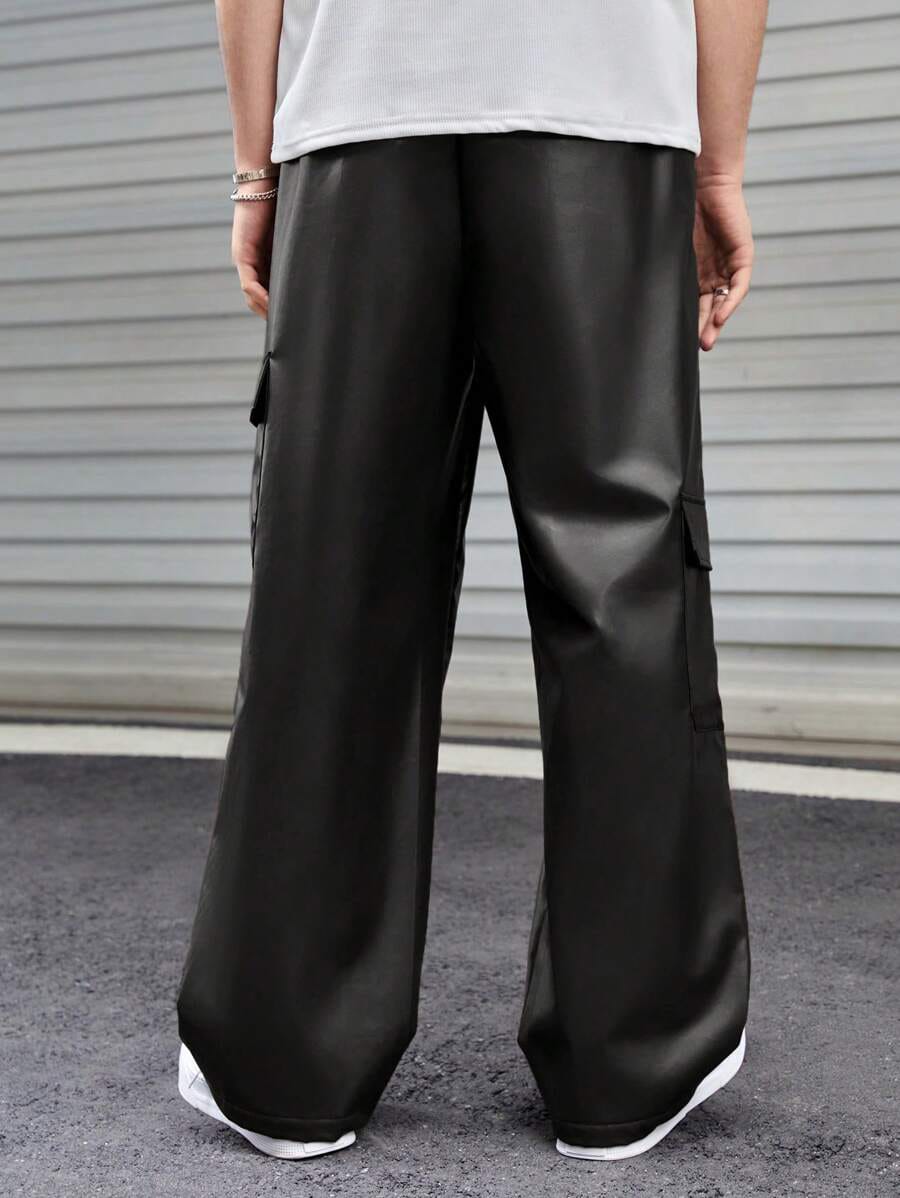 Stylefizz Men’s Black Faux Leather Cargo Pants – Streetwear Wide-Leg Trousers