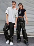 Stylefizz Men’s Black Faux Leather Cargo Pants – Streetwear Wide-Leg Trousers
