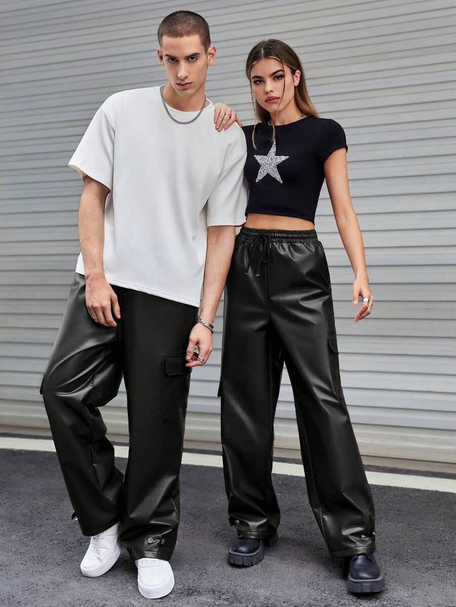 Stylefizz Men’s Black Faux Leather Cargo Pants – Streetwear Wide-Leg Trousers